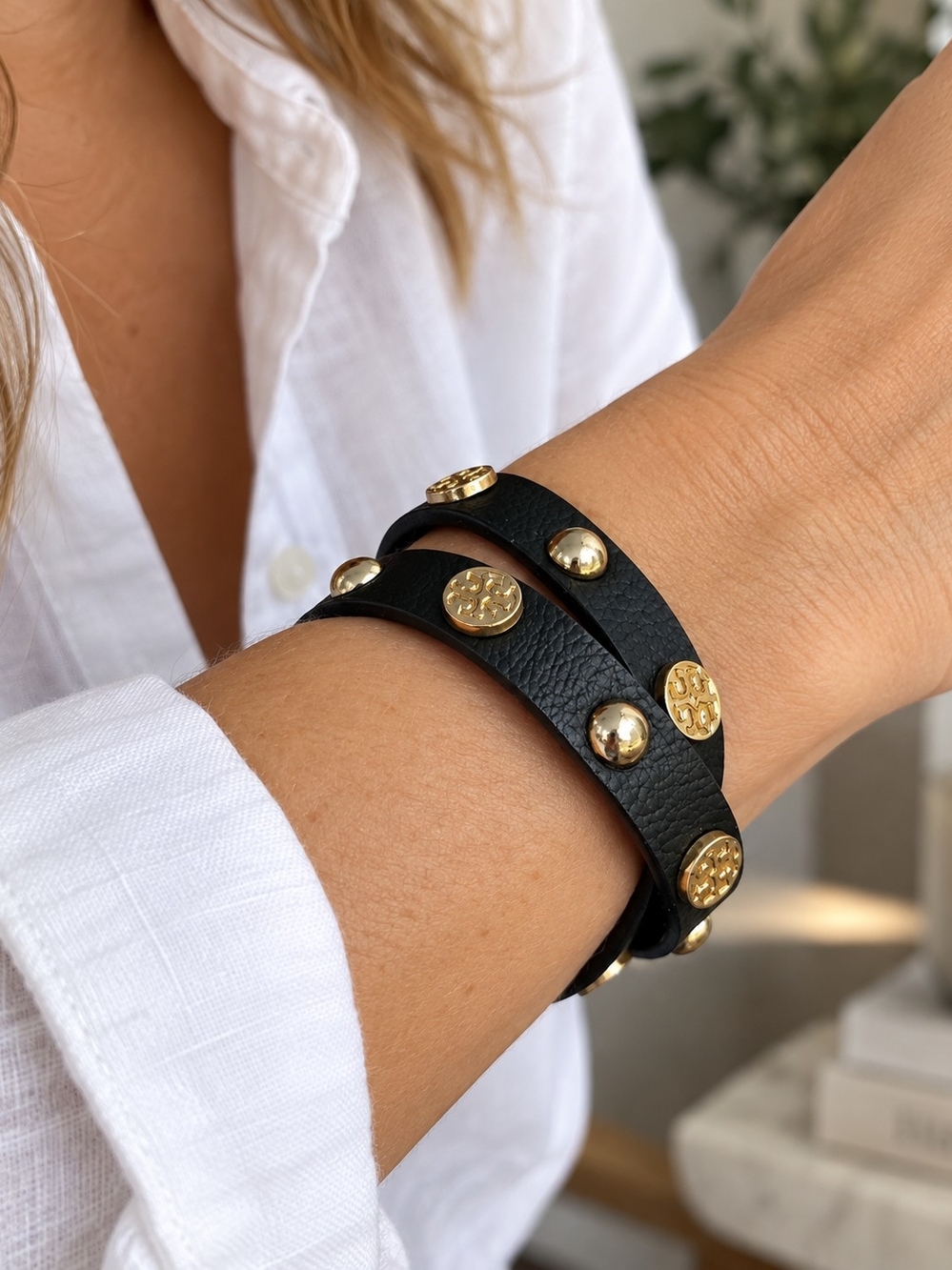 Tory Burch ICONIC Double T Logo Studded Black Leather Wrap Bracelet